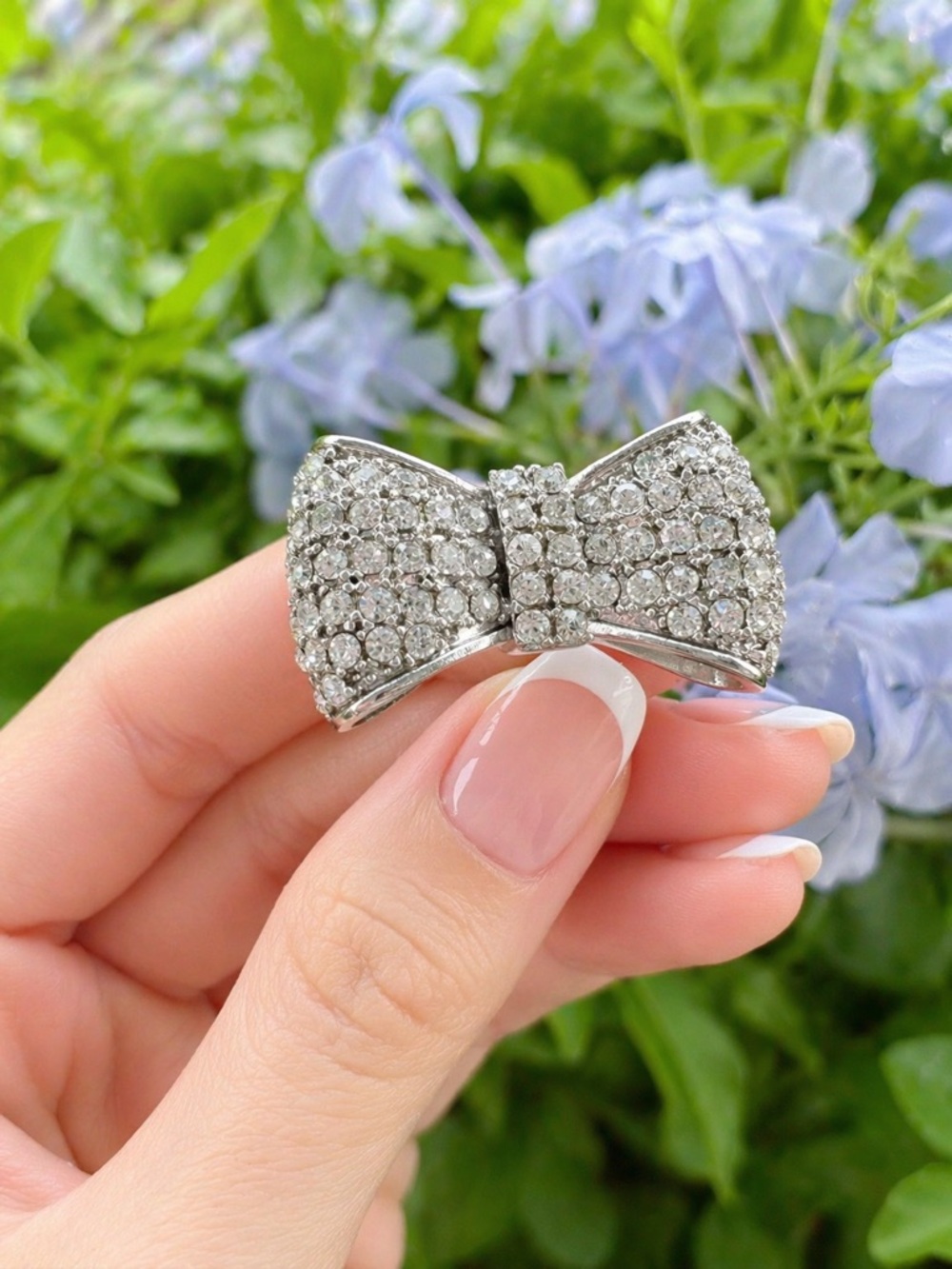 Vintage Silver Tone Rhinestone Bow Ring Size 7 Pavé Bow Statement Ring